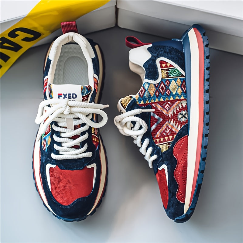 Erkaklar uchun vintage uslubidagi sport poyabzallari, geometrik plitka va tasodifiy naqsh bilan, bog'ichli dizayn, iliq qishki ichki qismi va PVC taglik, mustahkam, sirpanmaydigan ochiq havoda kiyish uchun.