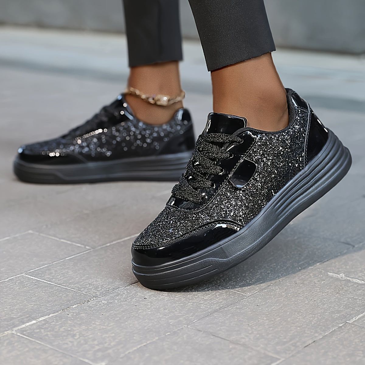 Women's Glitter Sneakers Low Top Lace-Up Casual Athletic Shoes