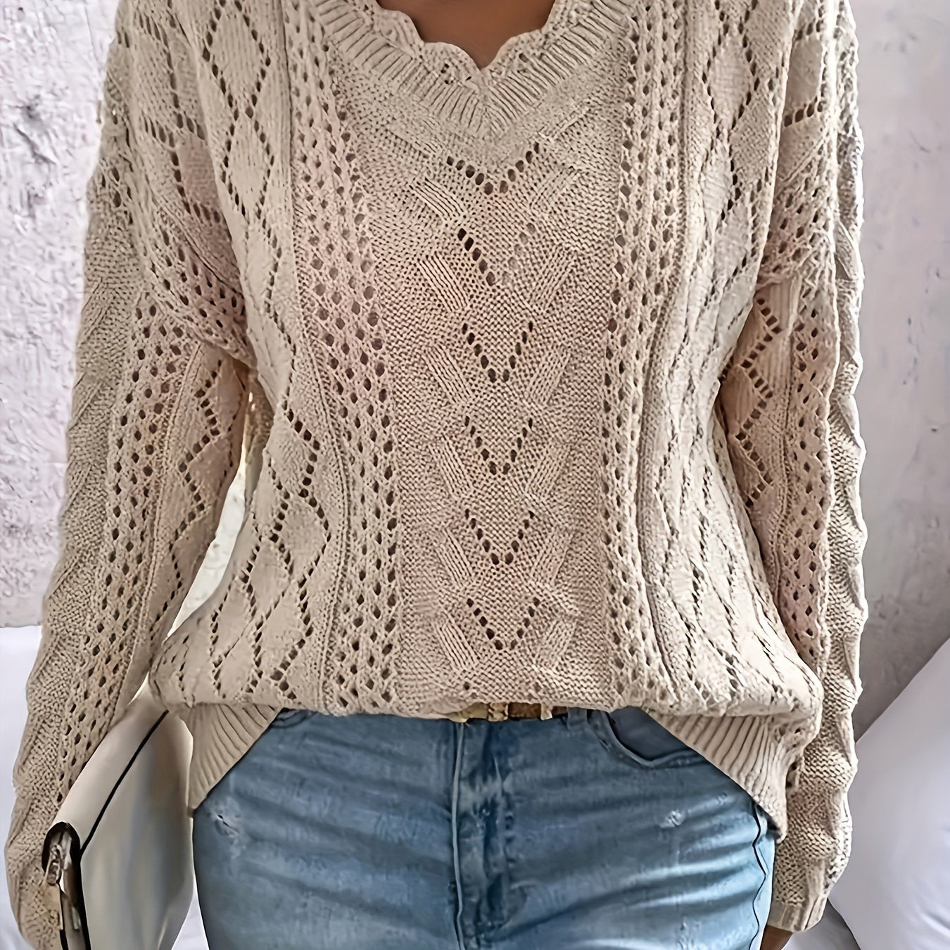 Women's Plus Size Sweater V-Neck Long Sleeve Floral Trim Jumper