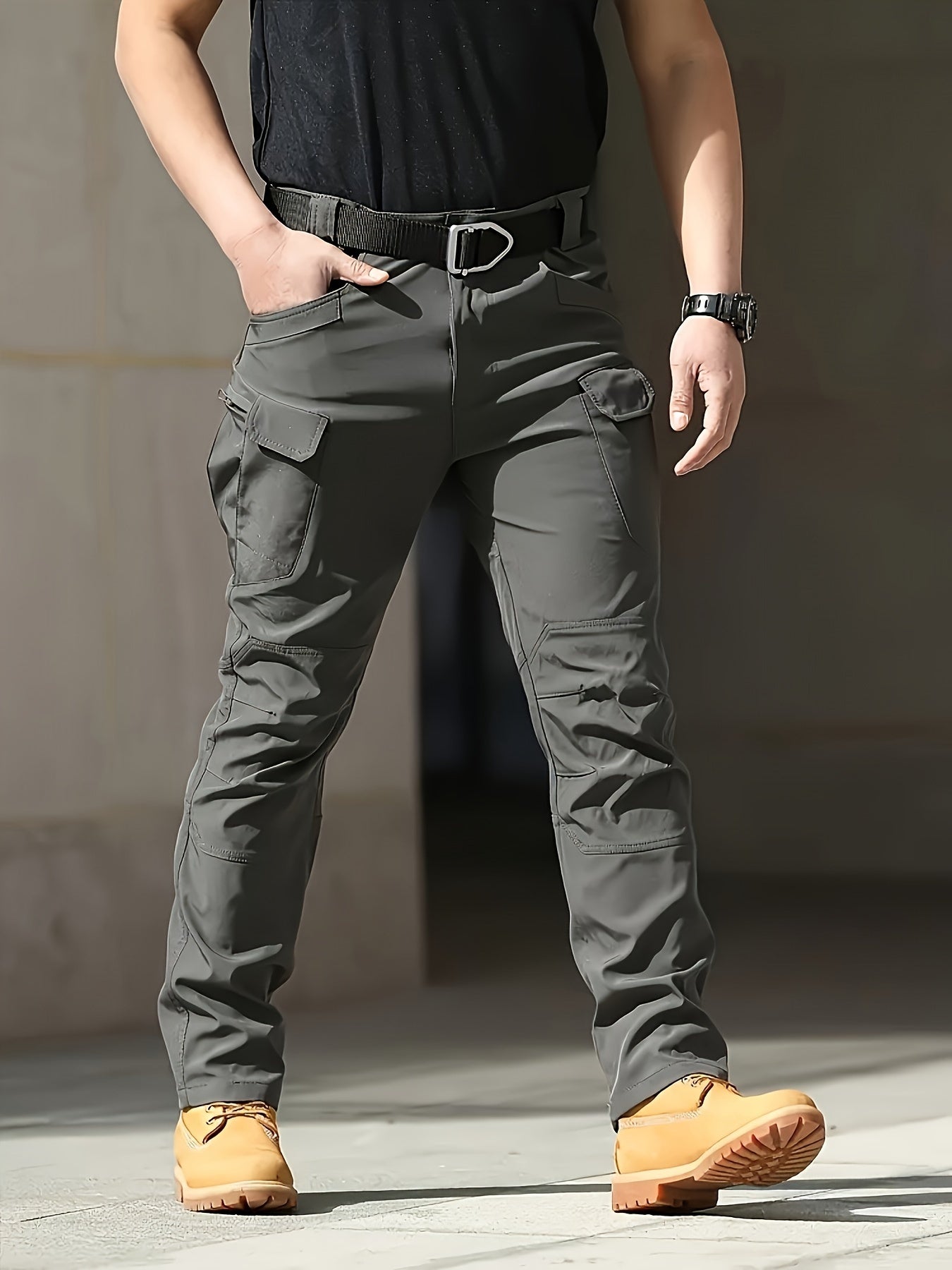 Men's Tactical Cargo Pants Dark Gray Lightweight Polyester Multi-Pocket Outdoor Hiking Military Style