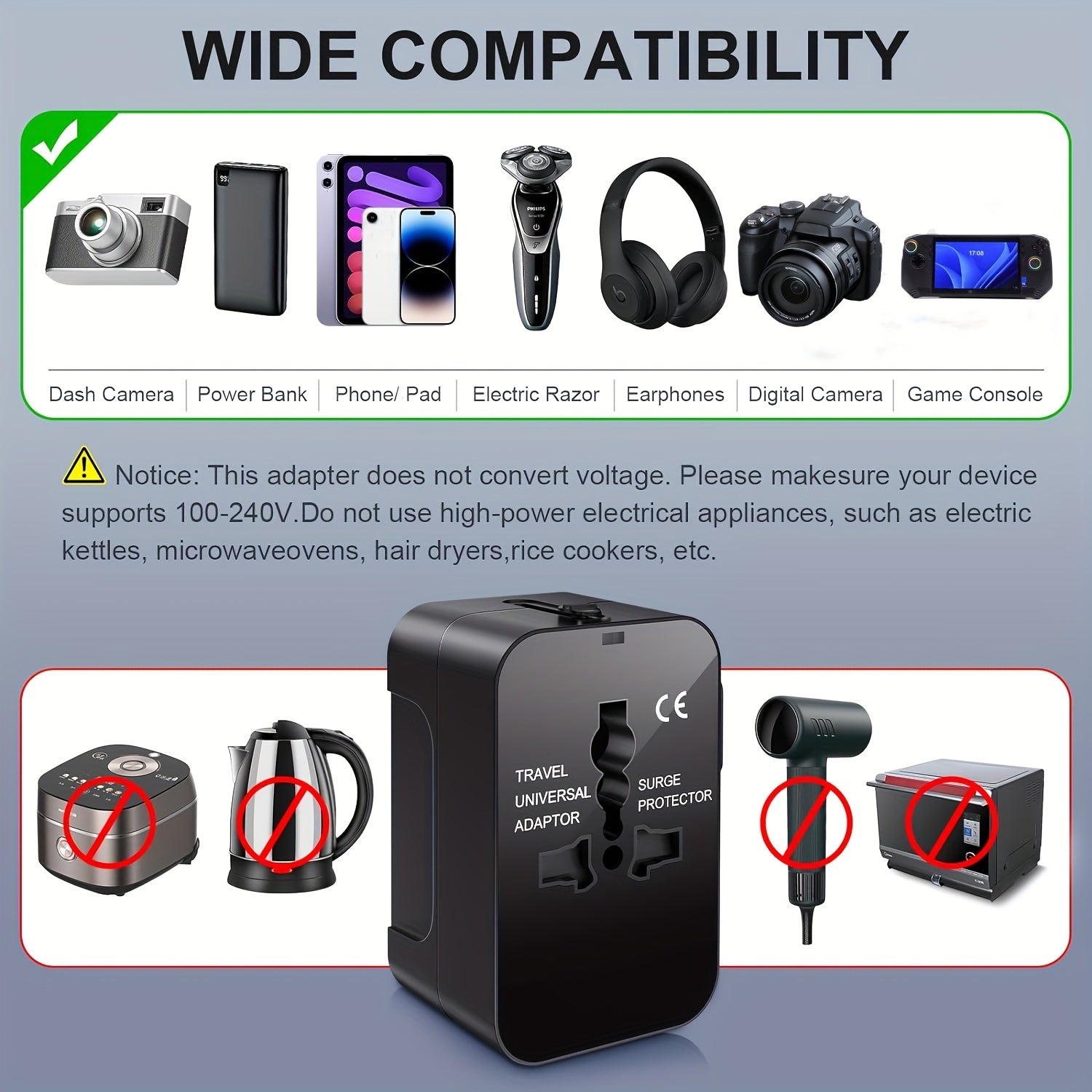 Ikkita USB zaryadlash portiga ega sayohat adapteri