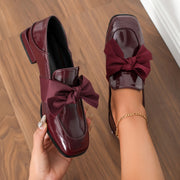 Women's Burgundy Bow Mules with Contoured Low Heel and Square Toe