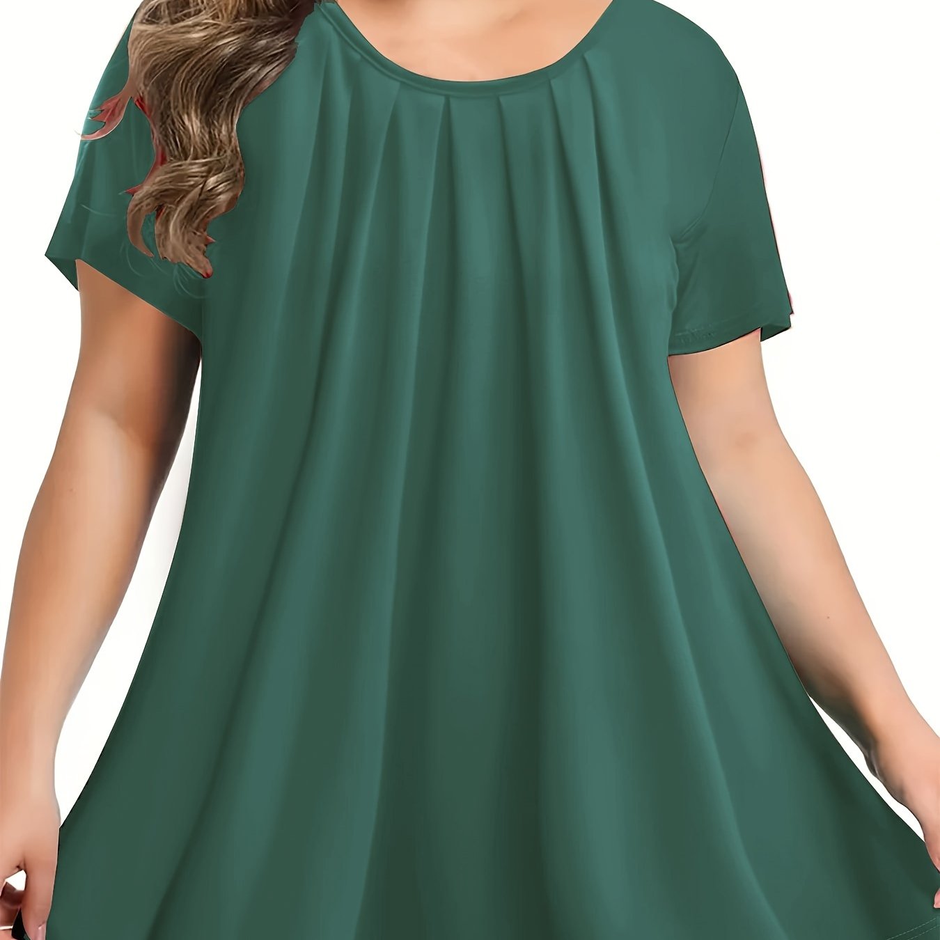 Plus Size Women's Loose Fit Crew Neck Top with Ruched Bust Polyester Knit All Season