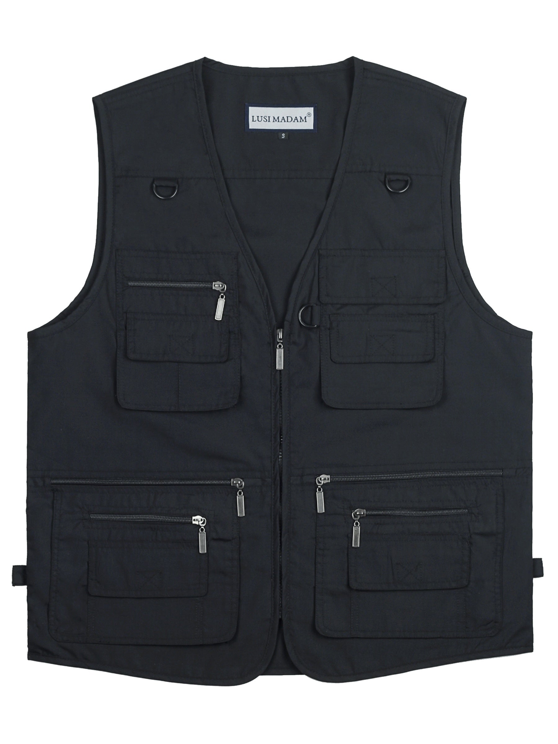 Men's Plus Size Black Polyester Cargo Vest with Multiple Pockets for Outdoor Activities