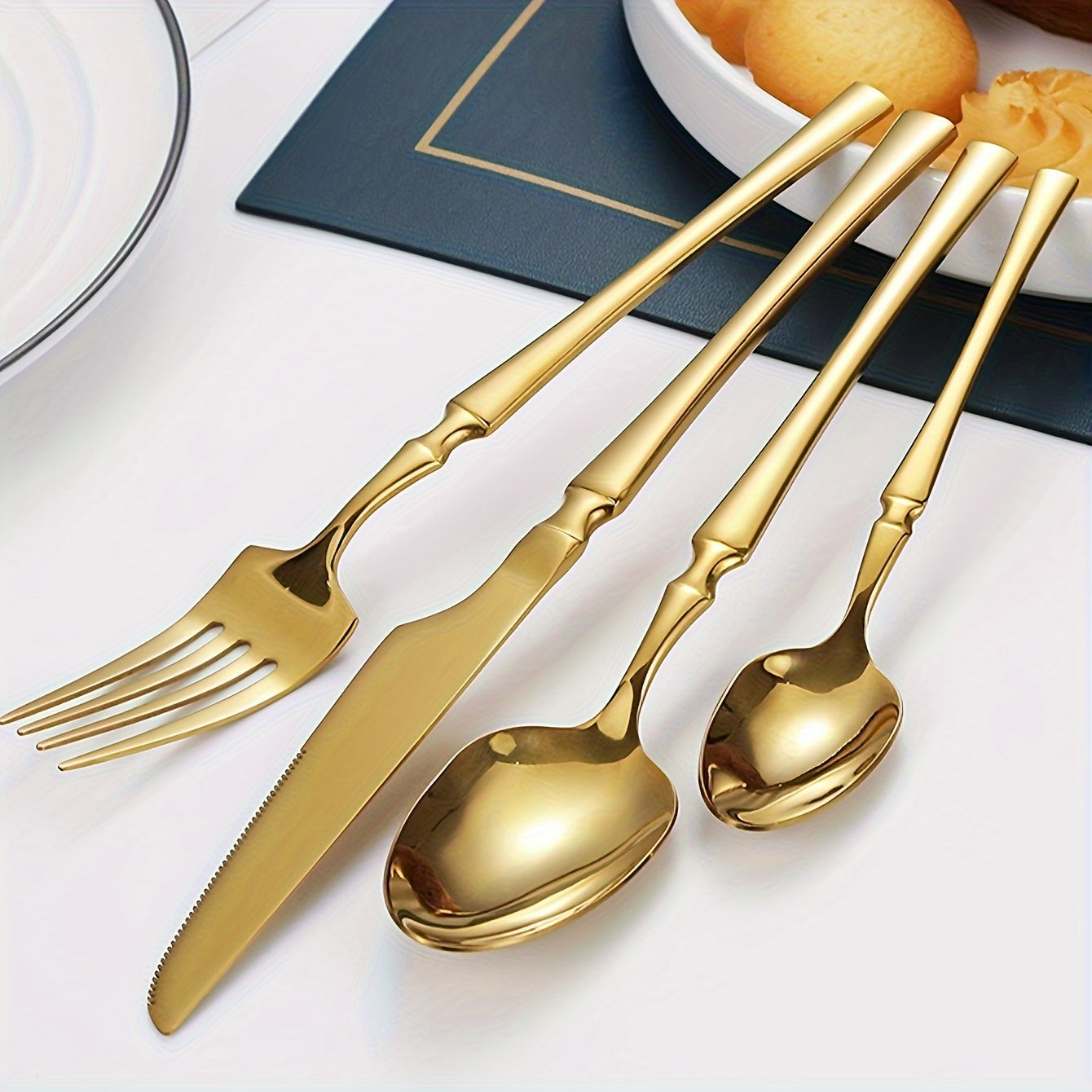 20/30 dona rostlangan po'latdan tayyorlangan stol to'plami, vilkalar, qoshiq, shirinlik qoshiq, meva vilkasi va pichoq, oltin rang, uy, restoran, mehmonxona, to'y, partiyaga mo'ljallangan