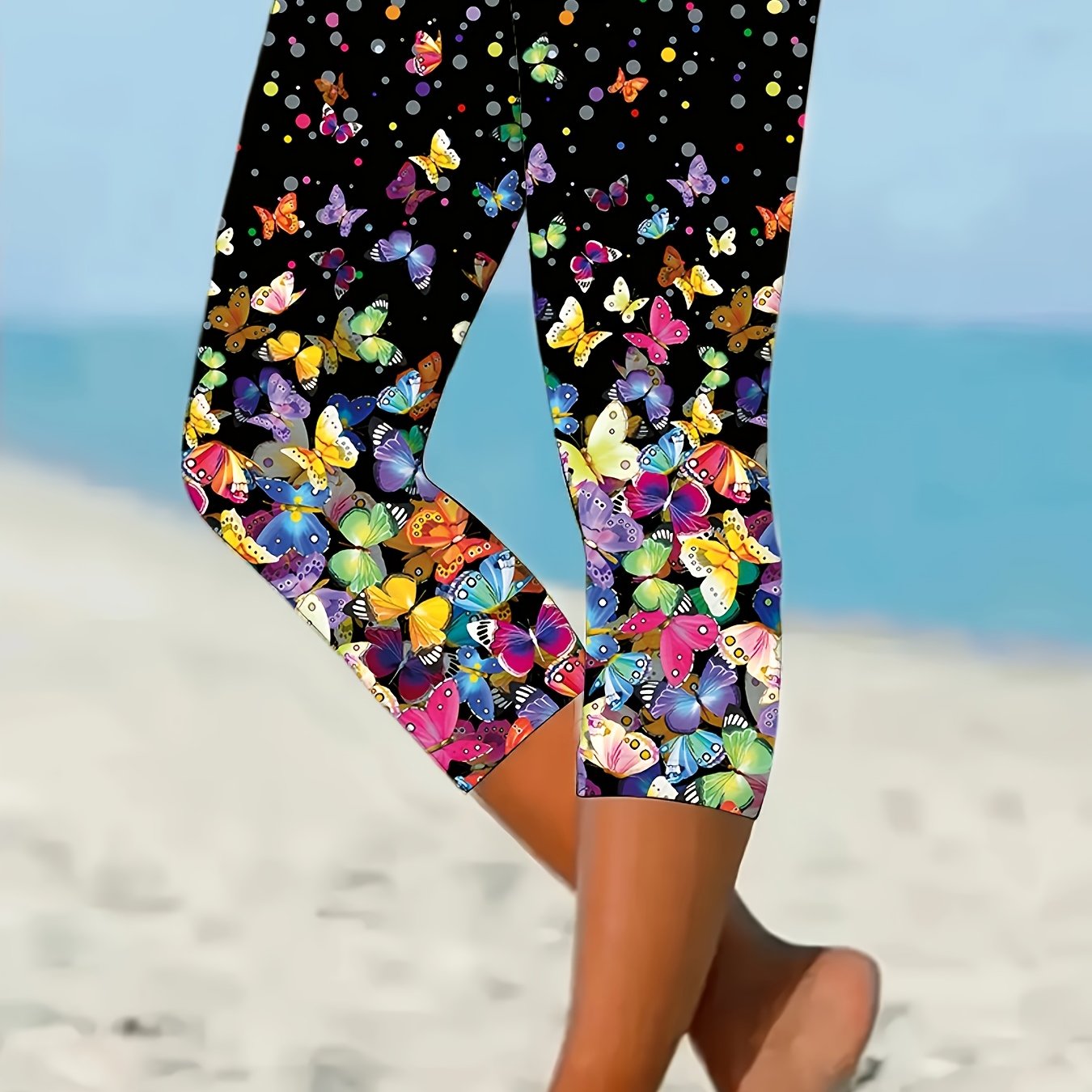 Women's Plus Size Butterfly Print Capri Leggings Stretchy High Waist Casual Beach Wear