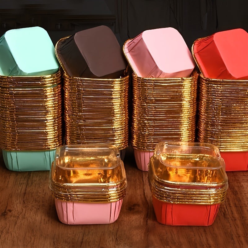50 Square Cupcake Cups with Lids, Heat-Resistant Foil, Baking and Dessert Cups