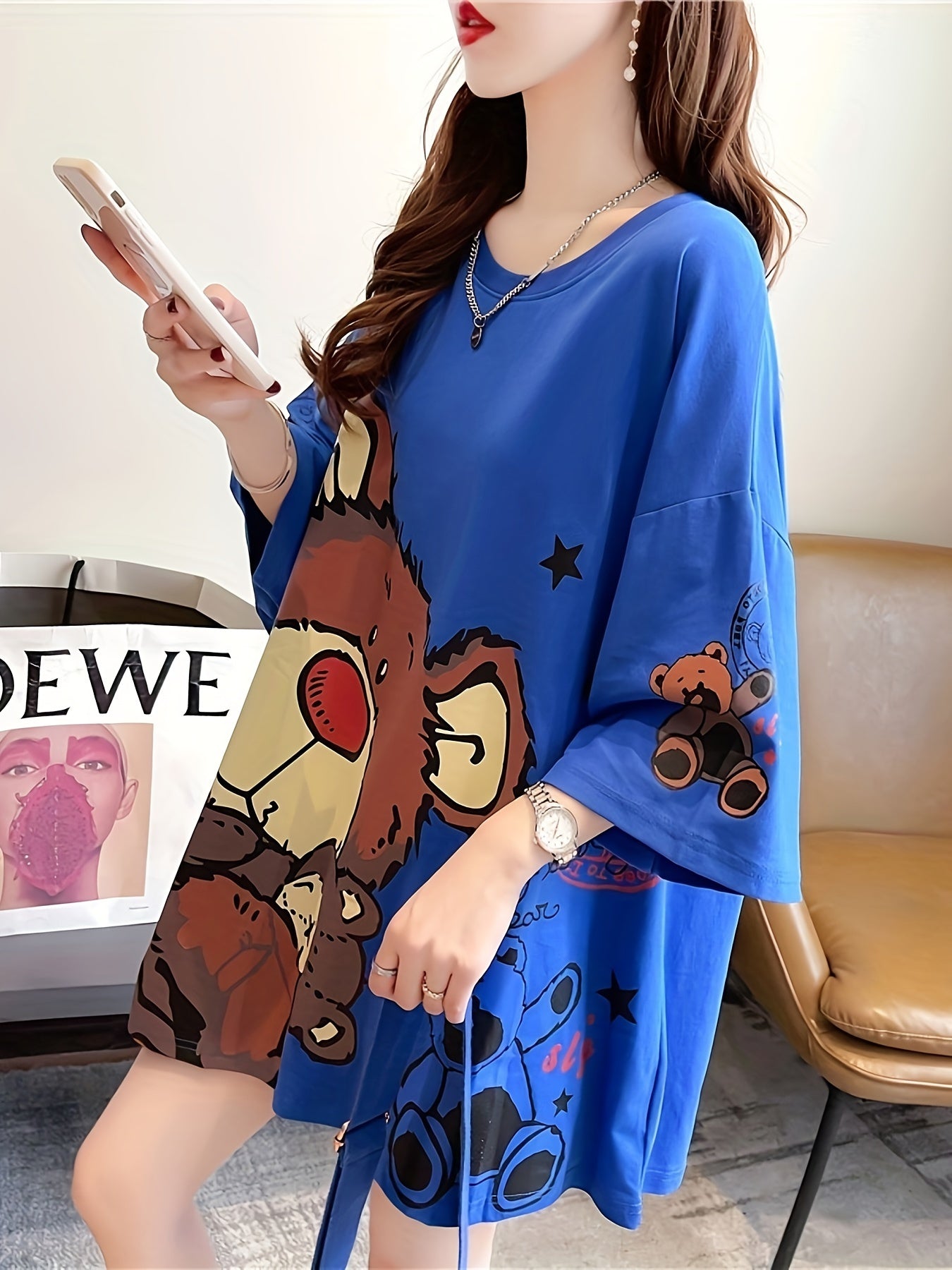 Plus Size Women's Casual T-Shirt with Cartoon Bear Print Polyester Blend Short Sleeve Spring Summer