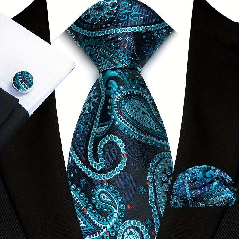 Men's Three-Piece Suit Set with Paisley Tie Pocket Towel and Cufflinks