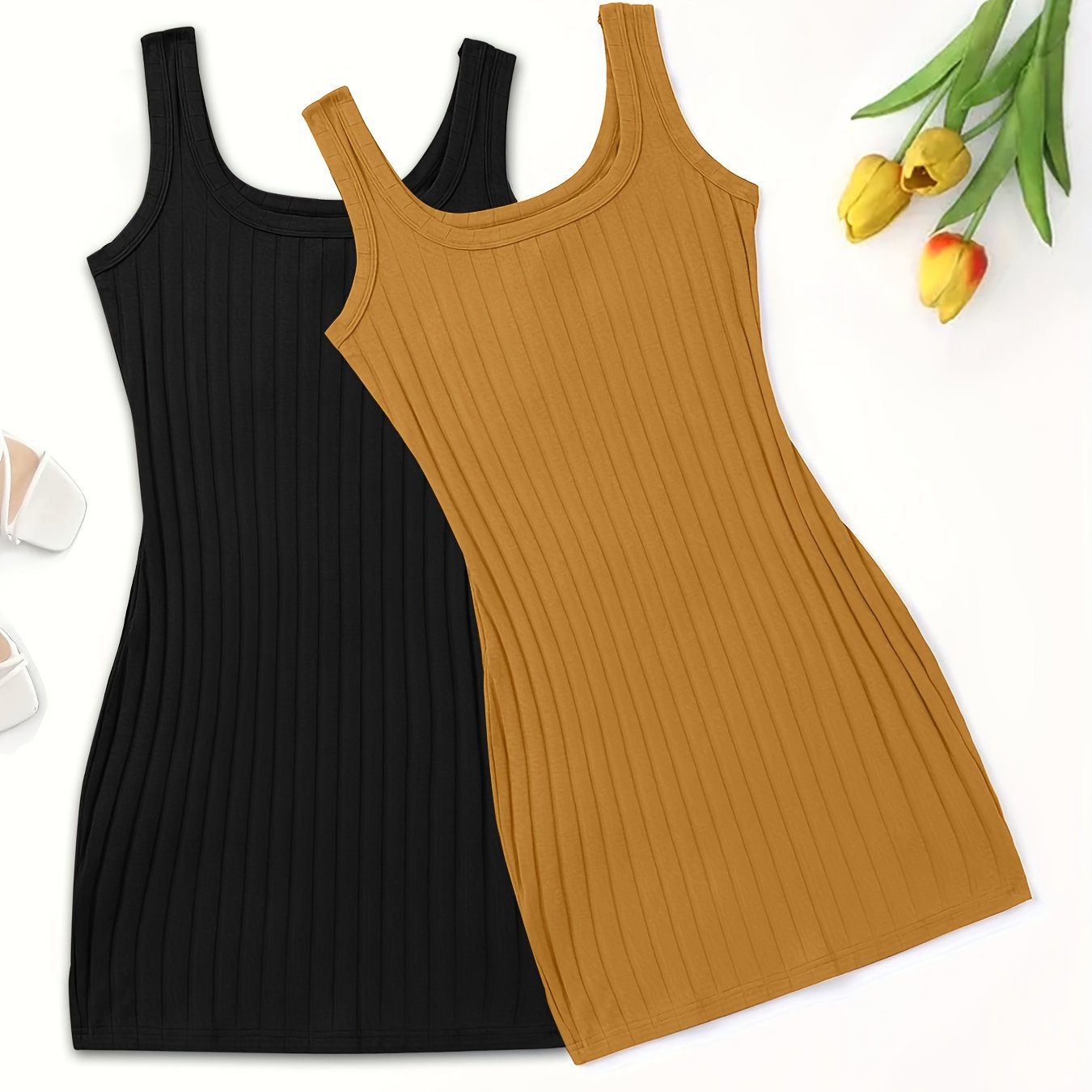 Women's Ribbed Sleep Dresses Two-Pack Black Light Blue Square Neck Stretchy Polyester Nightgowns