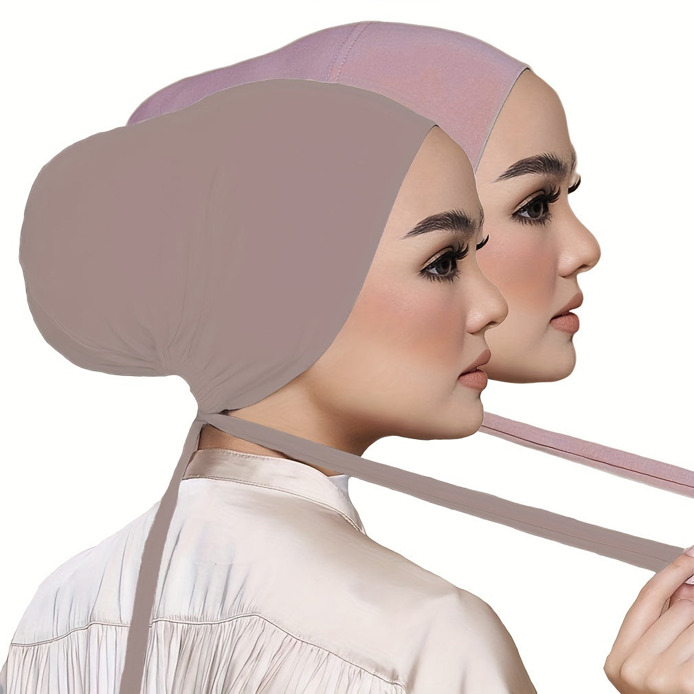 Set of 2 Solid Color Tied Back Undercaps with Elastic Inner Hijab Caps for Women