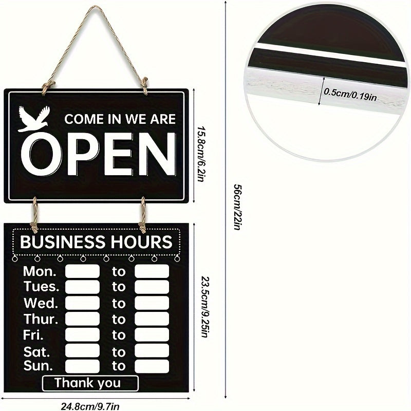 "Ochiq/Yopiq" uchun zamonaviy ikki tomonlama osma belgi bilan baringizni yanada chiroyli qiling. Mustahkam qora akril materialdan tayyorlangan ushbu nafis belgi, ish vaqtlari va mijozlar yozuvlarini oson sozlash uchun ruchka bilan birga keladi.