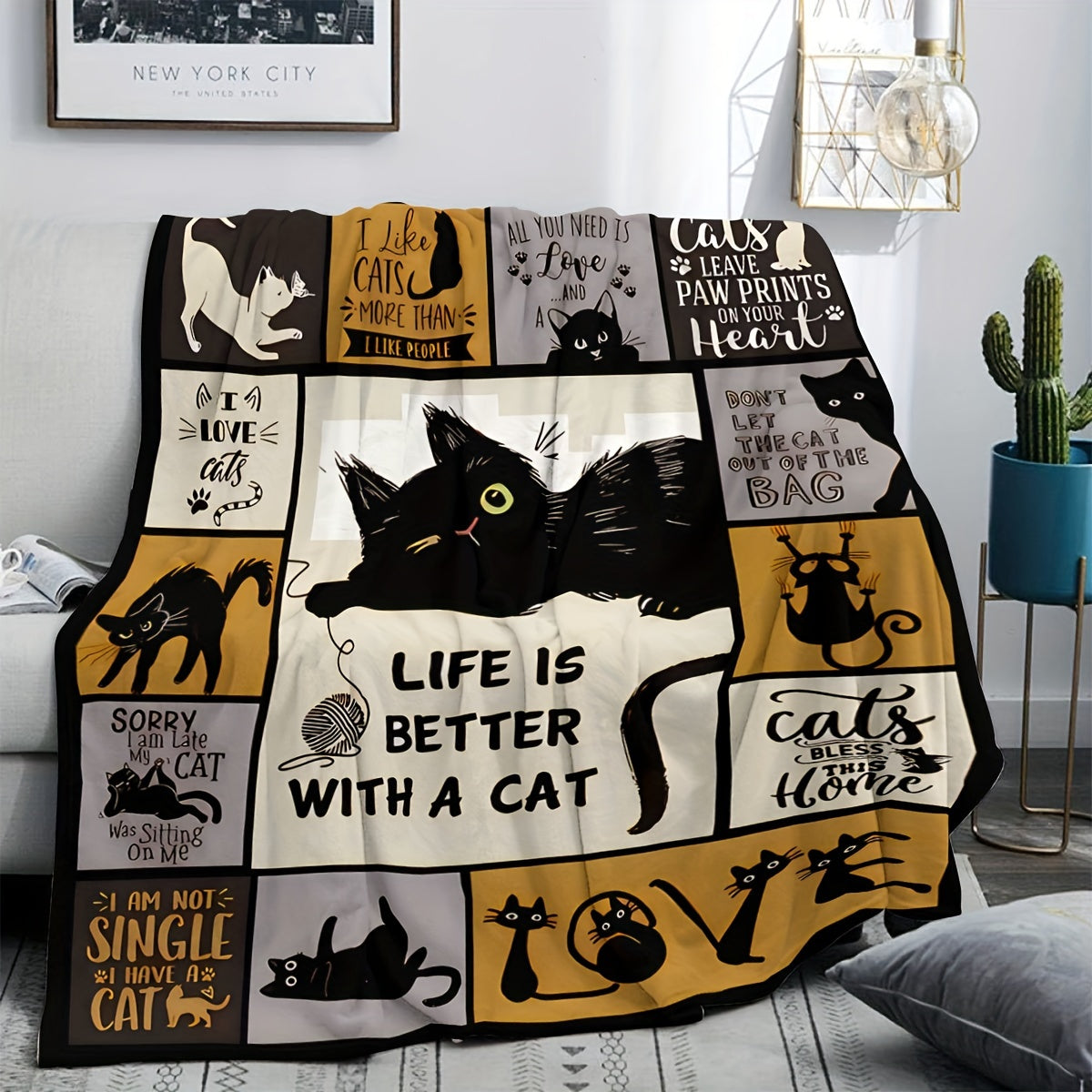 Cat Lovers Throw Blanket Flannel Cozy Digital Print Hypoallergenic All-Season Sofa Napping
