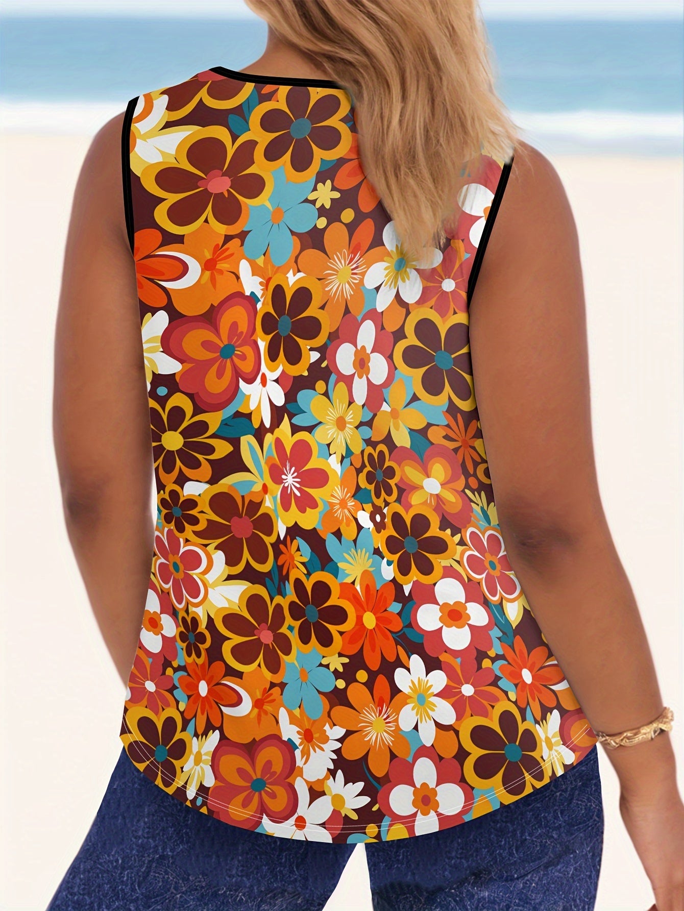 Plus Size Floral Tank Top for Women Polyester Spandex Crew Neck Sleeveless
