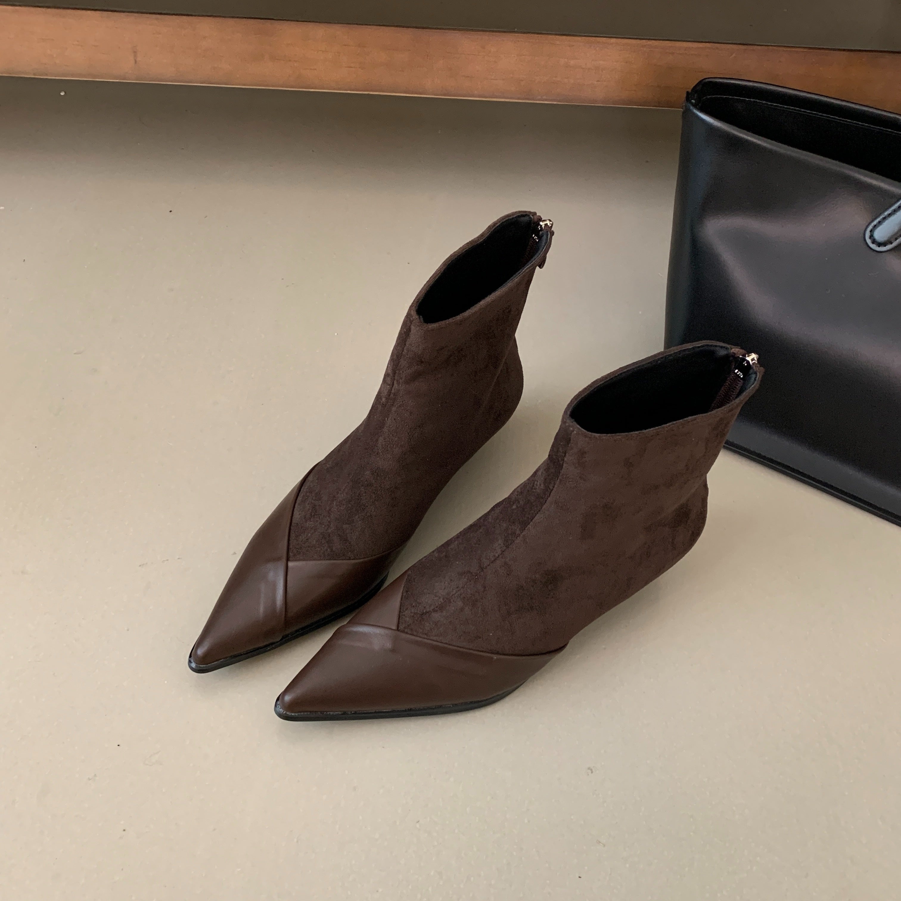 Women's Ankle Booties Flannel Patchwork Pointed Toe Low Heel Winter