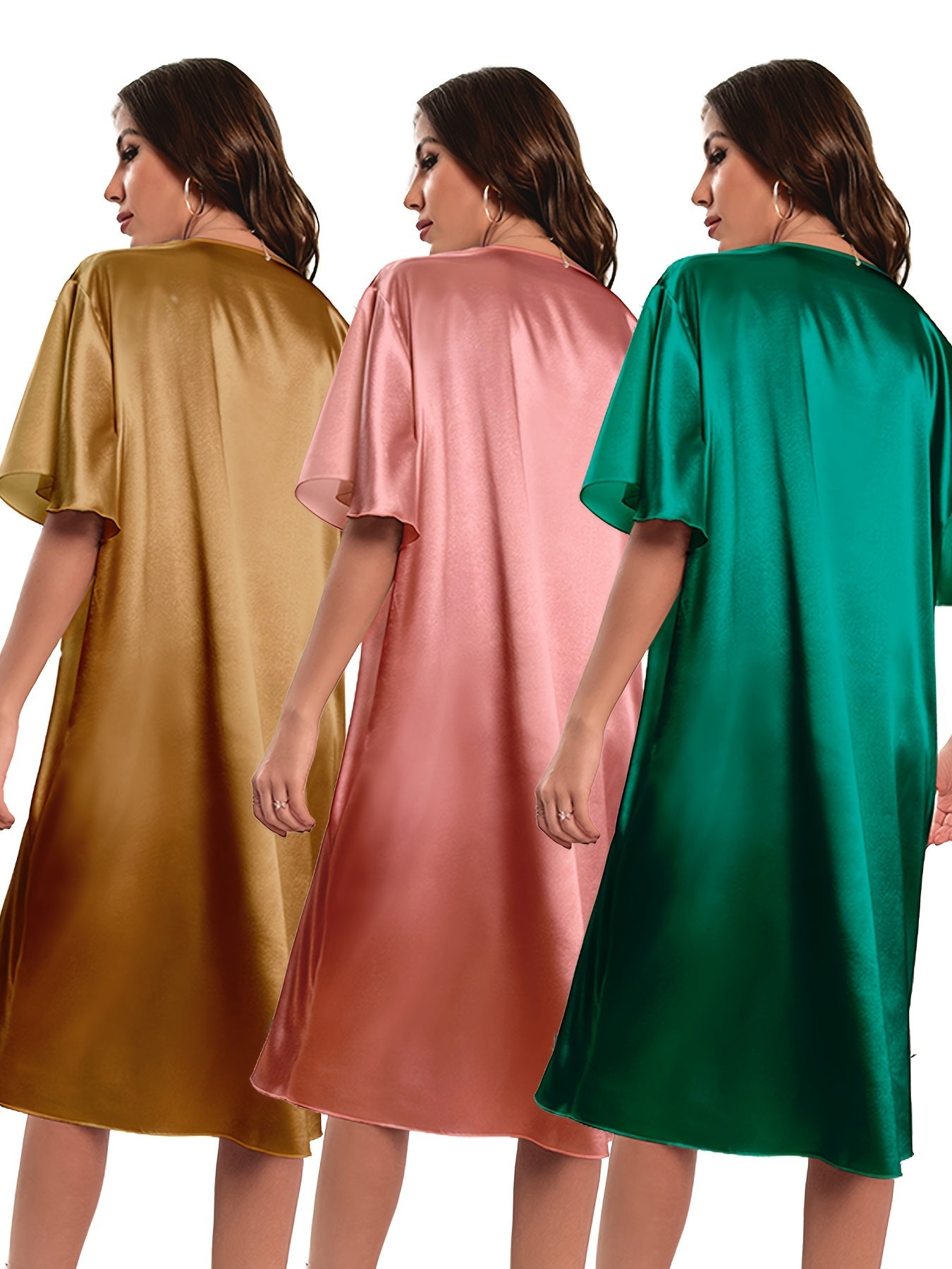 Plus Size Summer Satin Nightgown 3-Piece Set Loose Fit Short Sleeve Blue