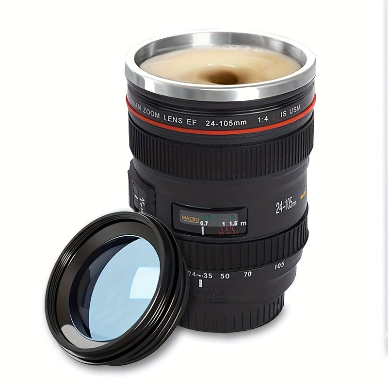 Stainless Steel Camera Lens Coffee Mug with Retractable Lid Travel Cup BPA-Free Novelty Drinkware