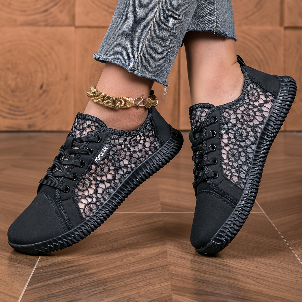 Women Spring/Summer Mesh Lace-Up Sneakers Wide Fit Breathable Rubber Sole