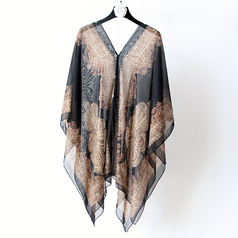 Women's Bohemian Floral Chiffon Shawl Large UV Protection Beach Cover-Up