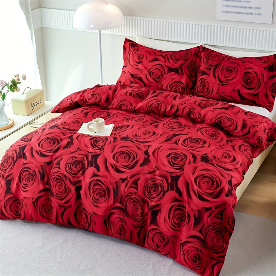 Set of 3 Red Rose Print Duvet Covers Bedding Set with Pillowcases for All Seasons