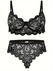 Plus Size Lace Lingerie Set Floral Semi Sheer Bra and Panty
