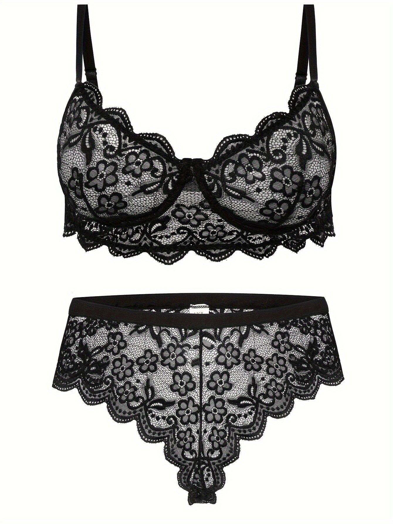 Plus Size Lace Lingerie Set Floral Semi Sheer Bra and Panty