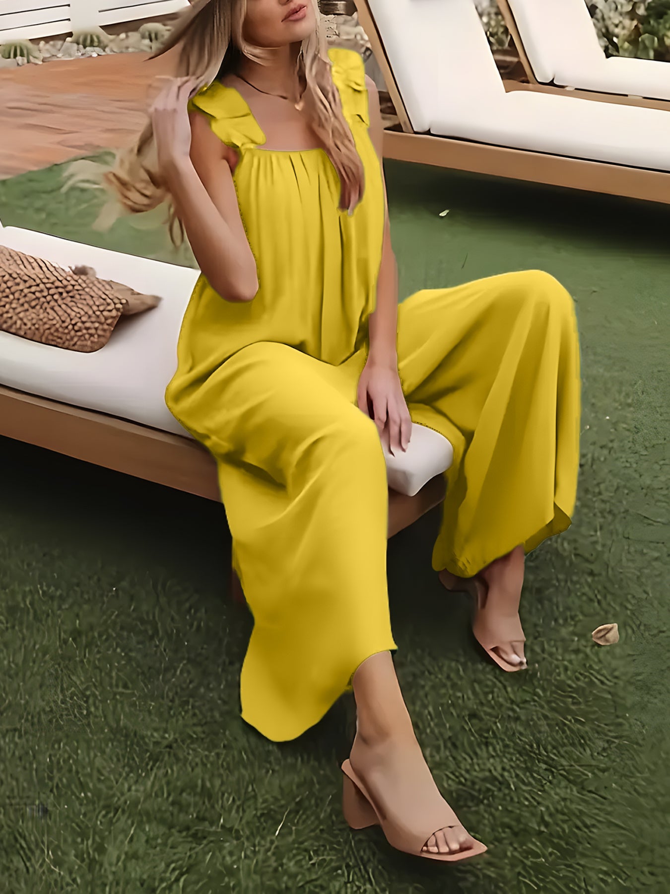 Plus Size Women's Black Sleeveless Jumpsuit with Ruffle Detail and Wide-Leg