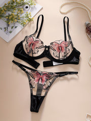 Women's Butterfly Lingerie Set with Sheer Mesh Embroidered Underwire Bra and Thong