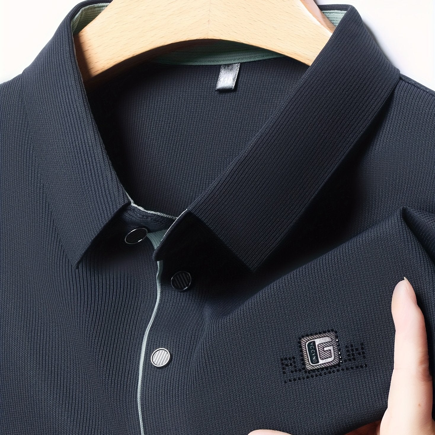 Camisa polo de golf para hombre con cuello de letras y poliéster spandex sólido