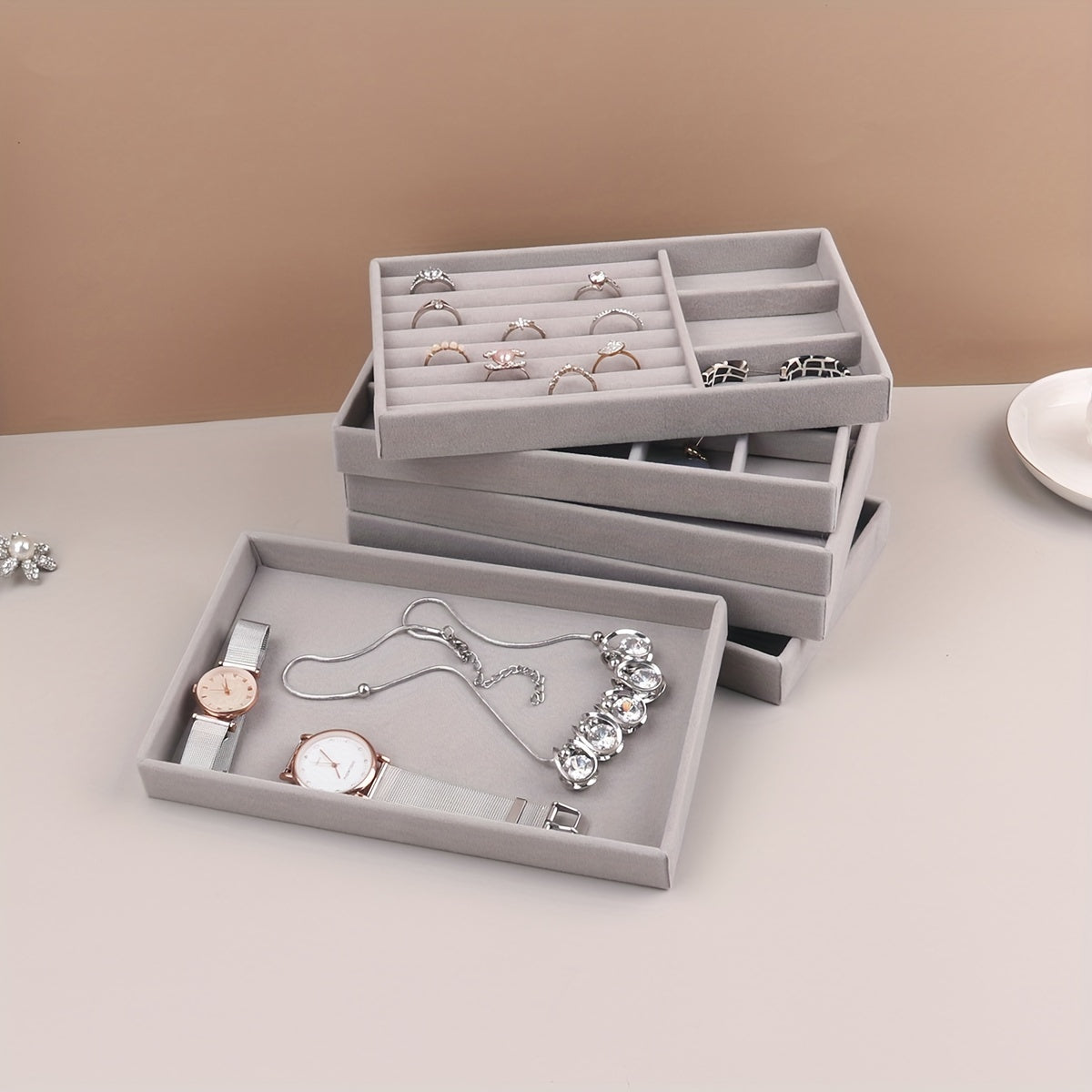 Grey Velvet Jewelry Tray Organizer with Compartments for Necklaces Bracelets Earrings Rings and Watches