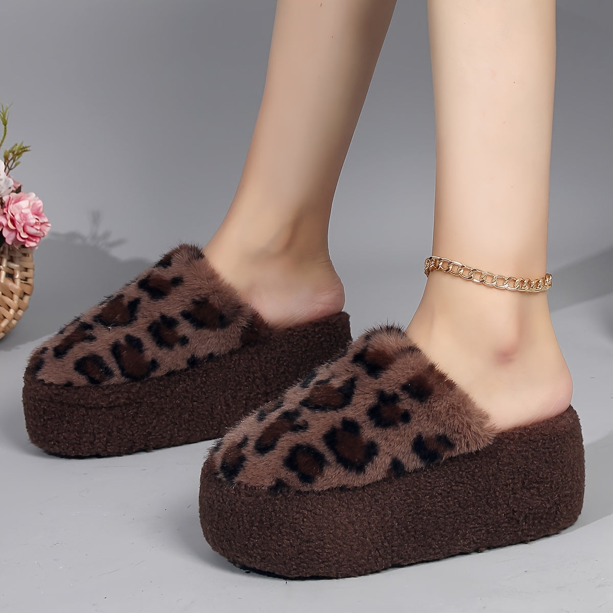 Women Fuzzy Leopard Print Slippers Plush Brown Black Spots Indoor Outdoor