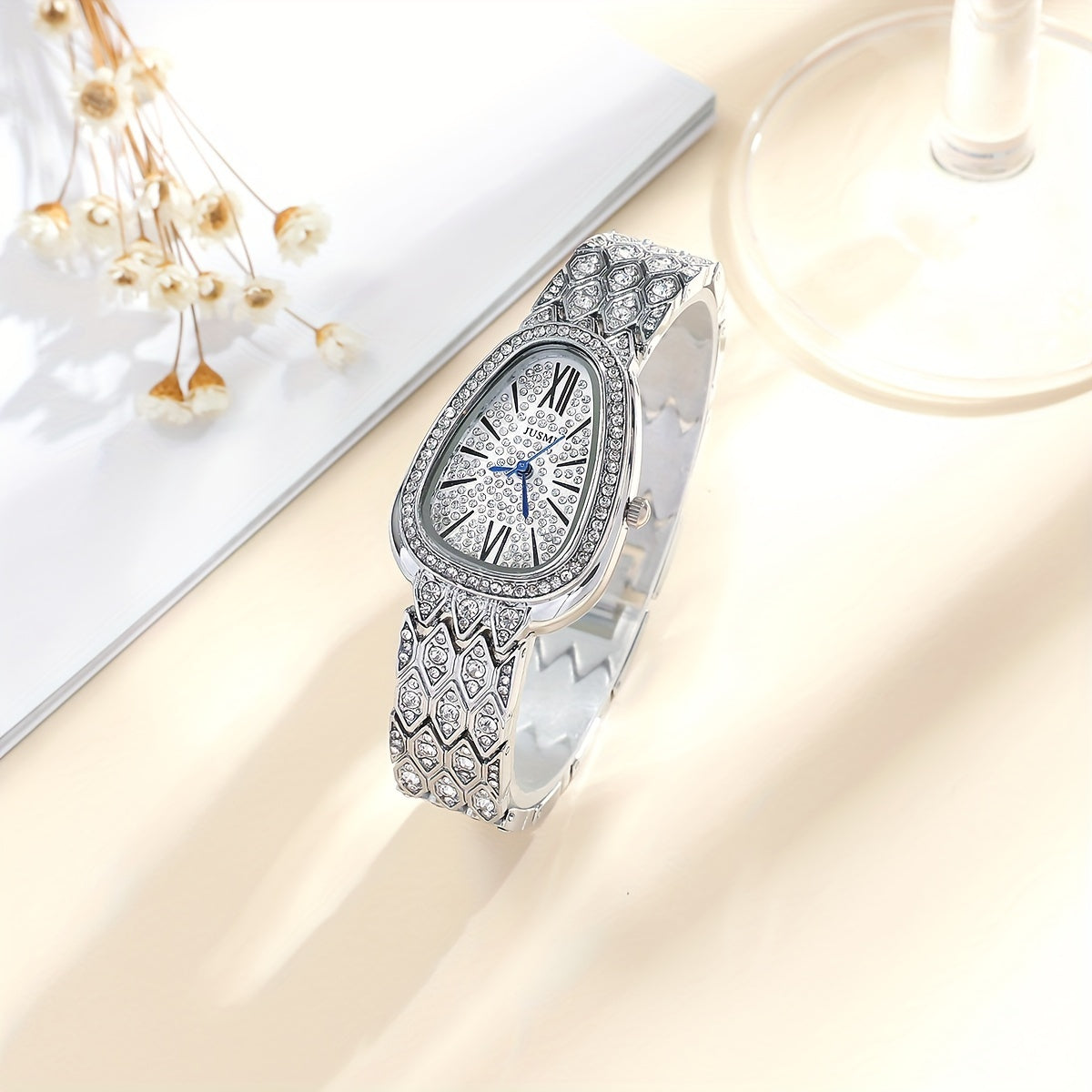 Women's Quartz Watch with Snake-Inspired Design Rhinestone Accents Steel Band Analog Display