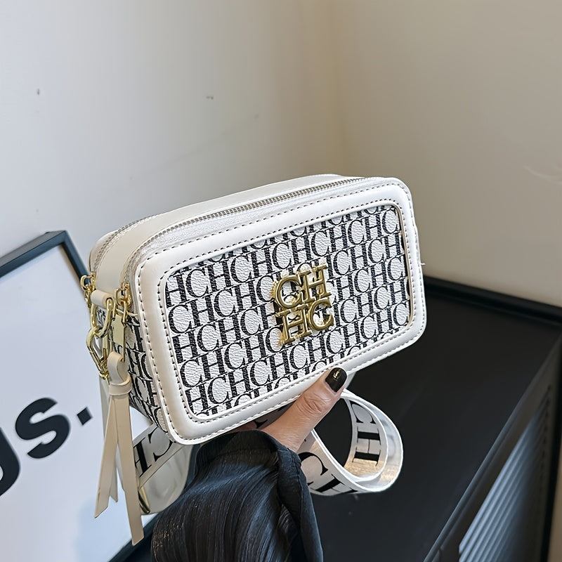 Korean Style Crossbody Bag with Contrast PU Shoulder Strap and Letter Print