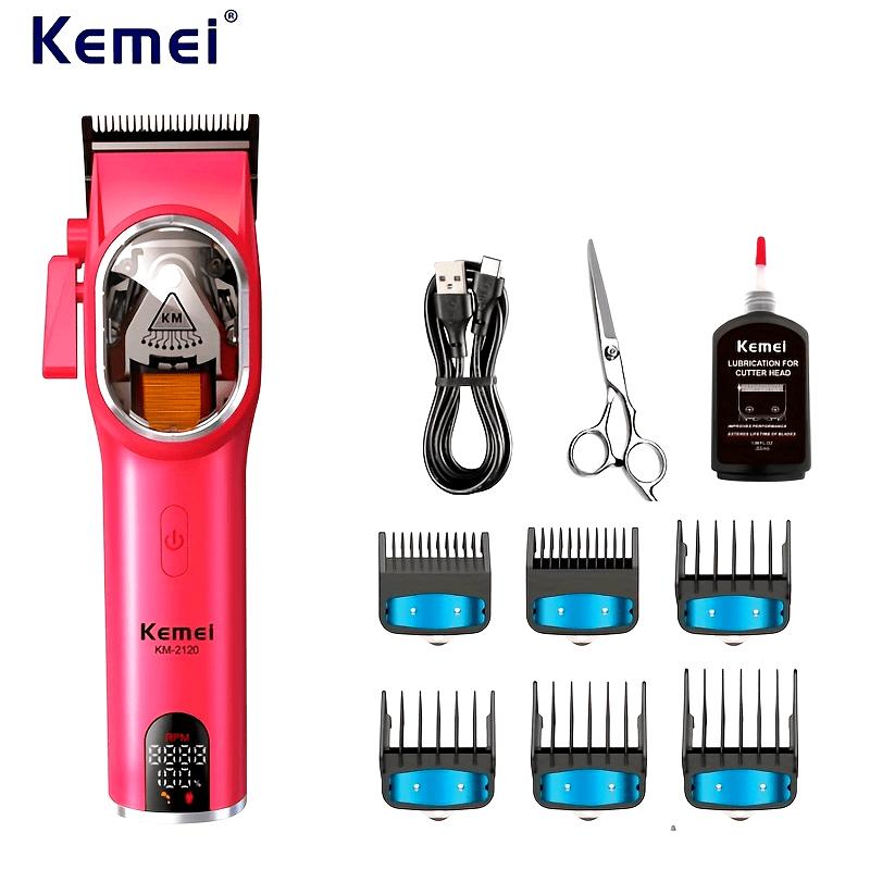 KEMEI Pink Hair Clipper DLC Blade bilan - Erkaklar uchun kuchli elektr trimmer, uzoq batareya muddati, USB bilan zaryadlash mumkin, LED displey, taroq, qaychi va tozalash asboblari bilan birga, zamonaviy dizayn uchun