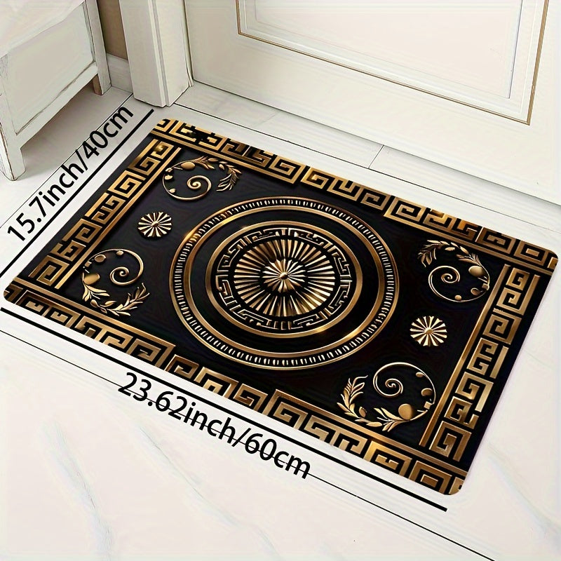 Qora va oltin naqshli to'rtburchak gilam oshxona, mehmonxona, yotoqxona, ichki eshik uchun mato