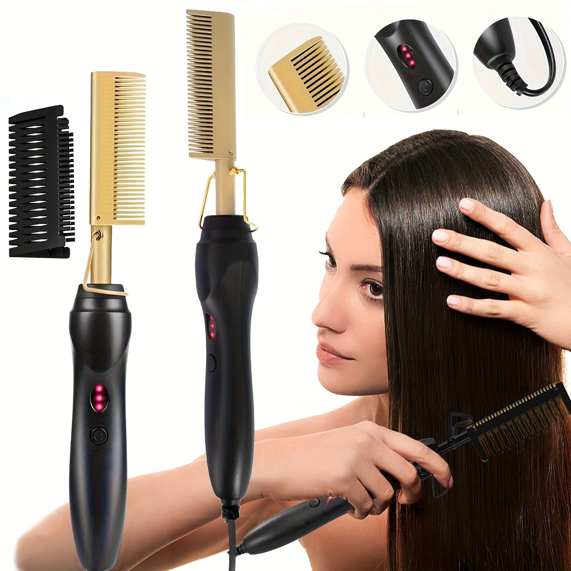 Electric hot comb for curly and straight hair copper finish multi-functional with auto shut-off ionic tech heat protection portable