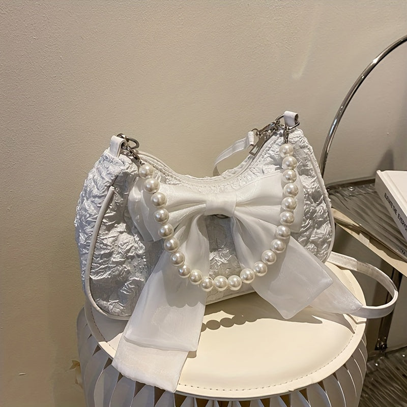 Black Crossbody Bag with Pearl Bow Zipper Closure Polyester Lining Vintage Style