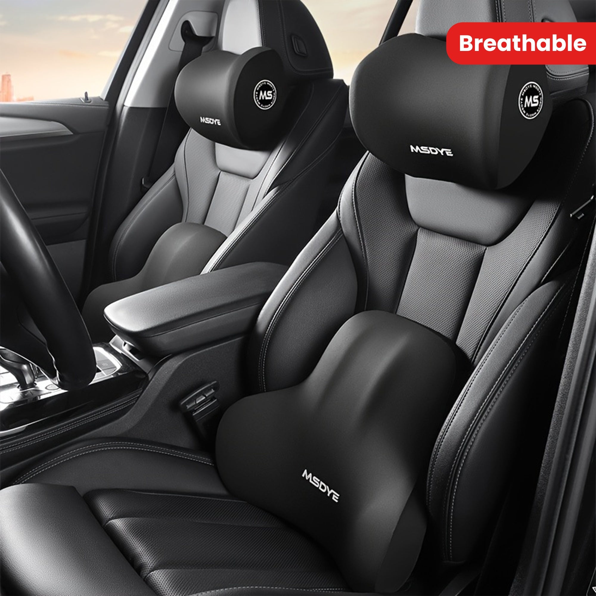 Memory Foam Headrest and Lumbar Support Set for Car Seat Comfort Breathable Polyester