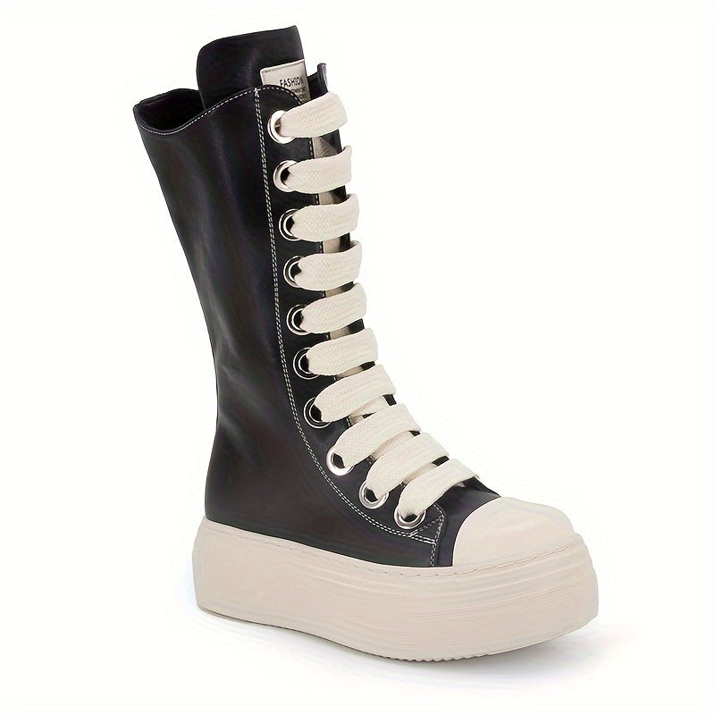 Women's Knee High Boots Solid Color Round Toe Platform Lace-Up Boots