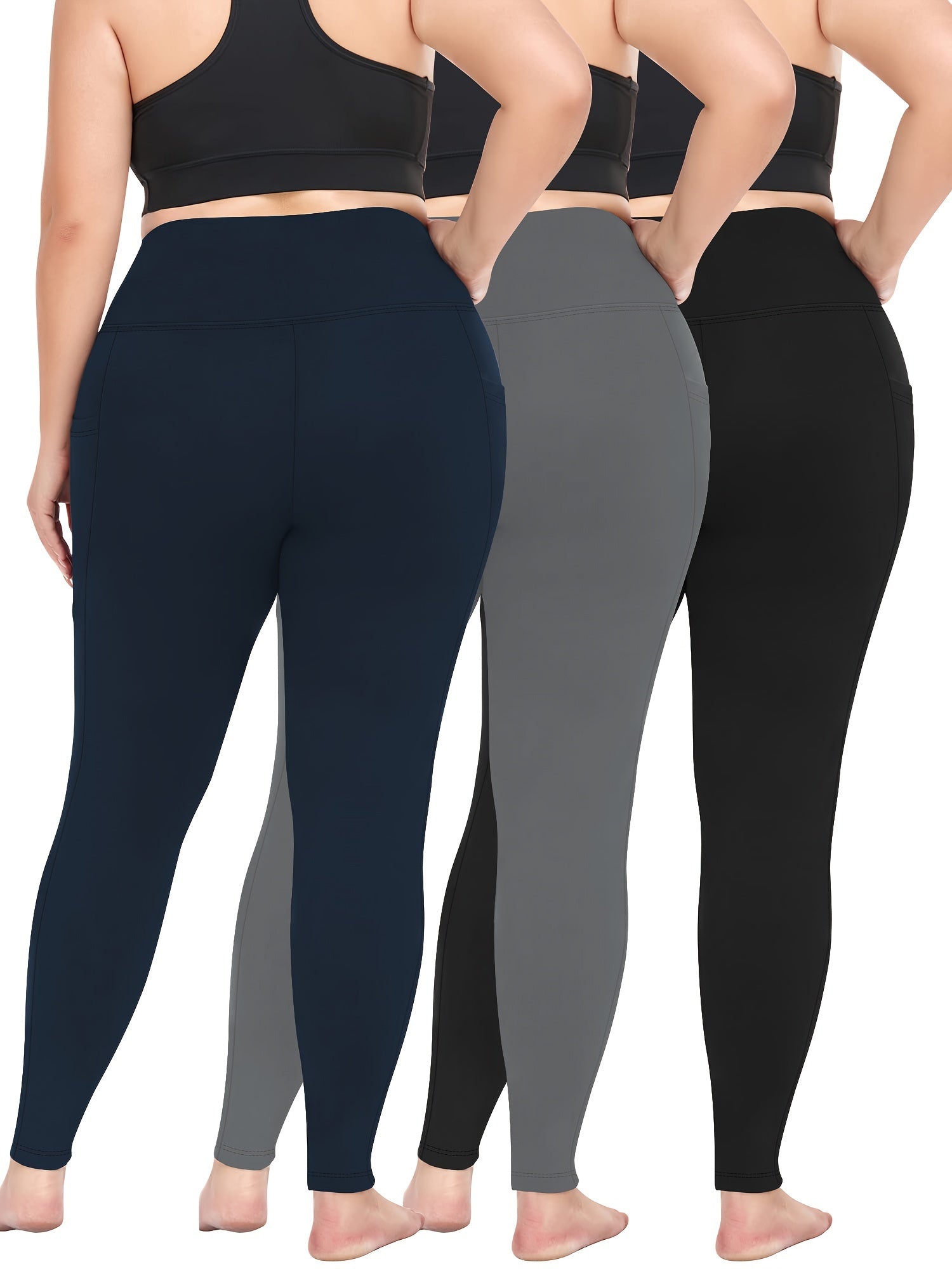 Women's High-Waisted 7/8 Leggings Pack Yoga Pants with Pockets Black Gray Navy