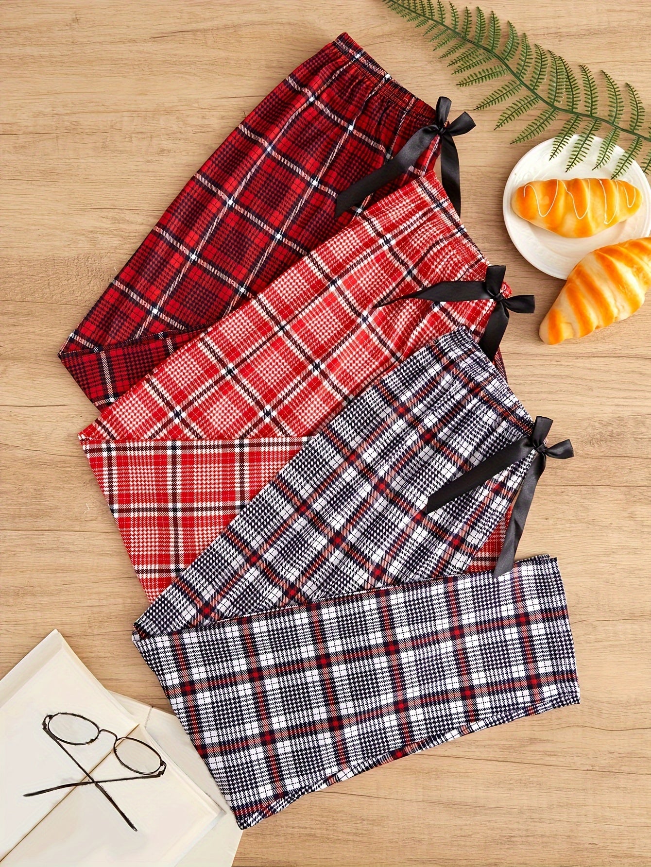 Women's Plaid Sleep Pants 3-Piece Set Cozy Lounge Casual Knit Polyester with Bow