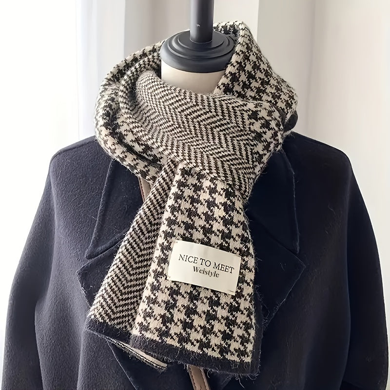 Black and White Houndstooth Scarf Thick Cozy Winter Fleece Wrap