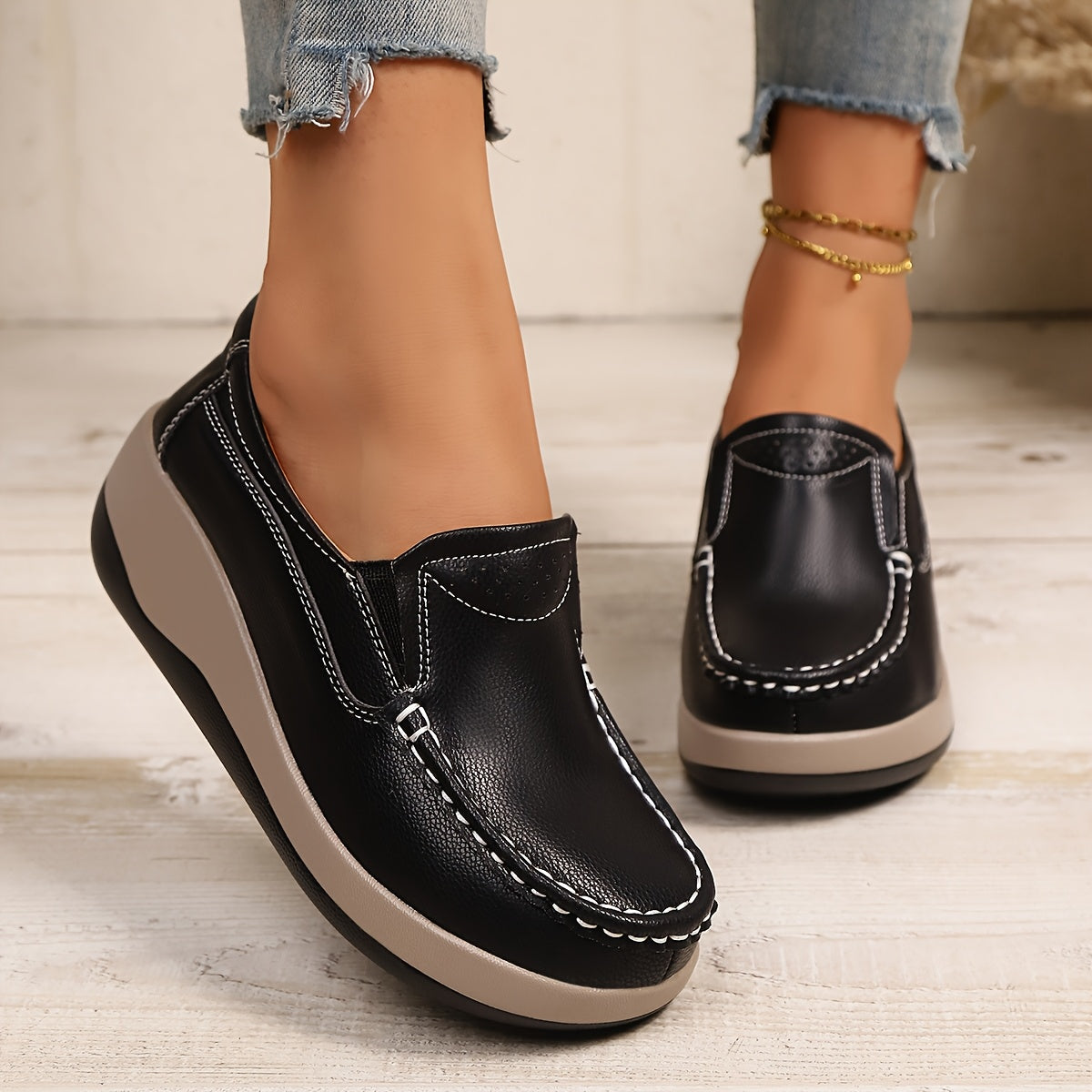 Women's Wedge Loafers Leather Comfortable Elegant Footwear