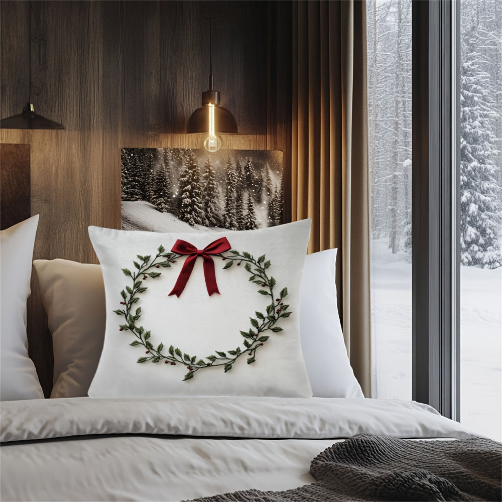 Подушка с вышитым венком из омелы, чехол 100% полиэстер, квадратный, с молнией, чехол на подушку