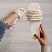 Women’s Pearl-Embellished Slide Sandals Faux Leather Flat Summer Footwear