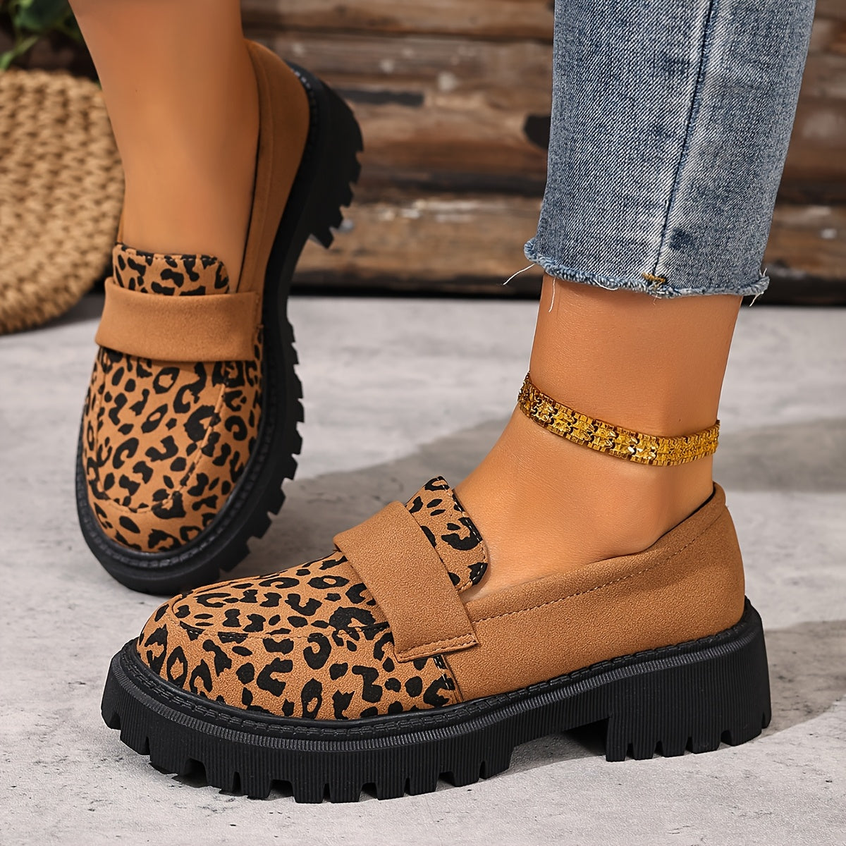 Women Leopard Print Loafers Thick Sole Comfortable Slip-On Shoes