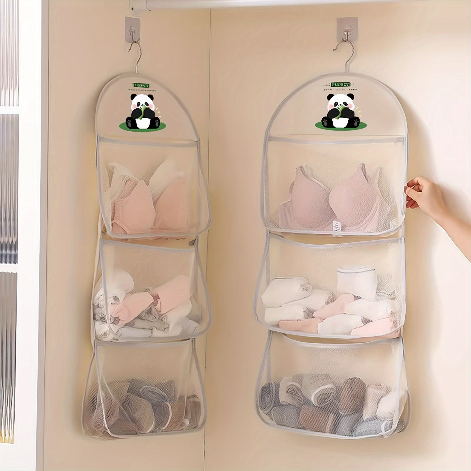 Panda Themed Nylon Hanging Storage Organizer for Underwear Socks with Multiple Compartments