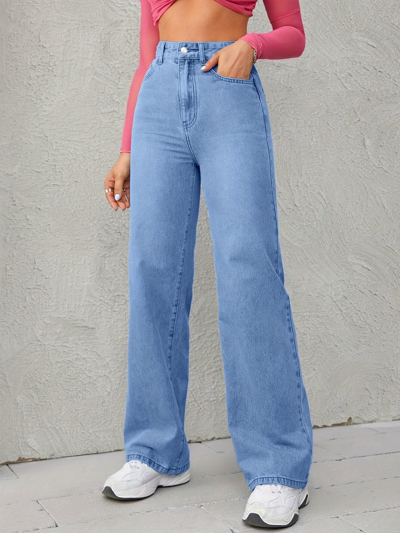 Women's High-Waisted Wide Leg Jeans Denim Long Solid Color Street Style