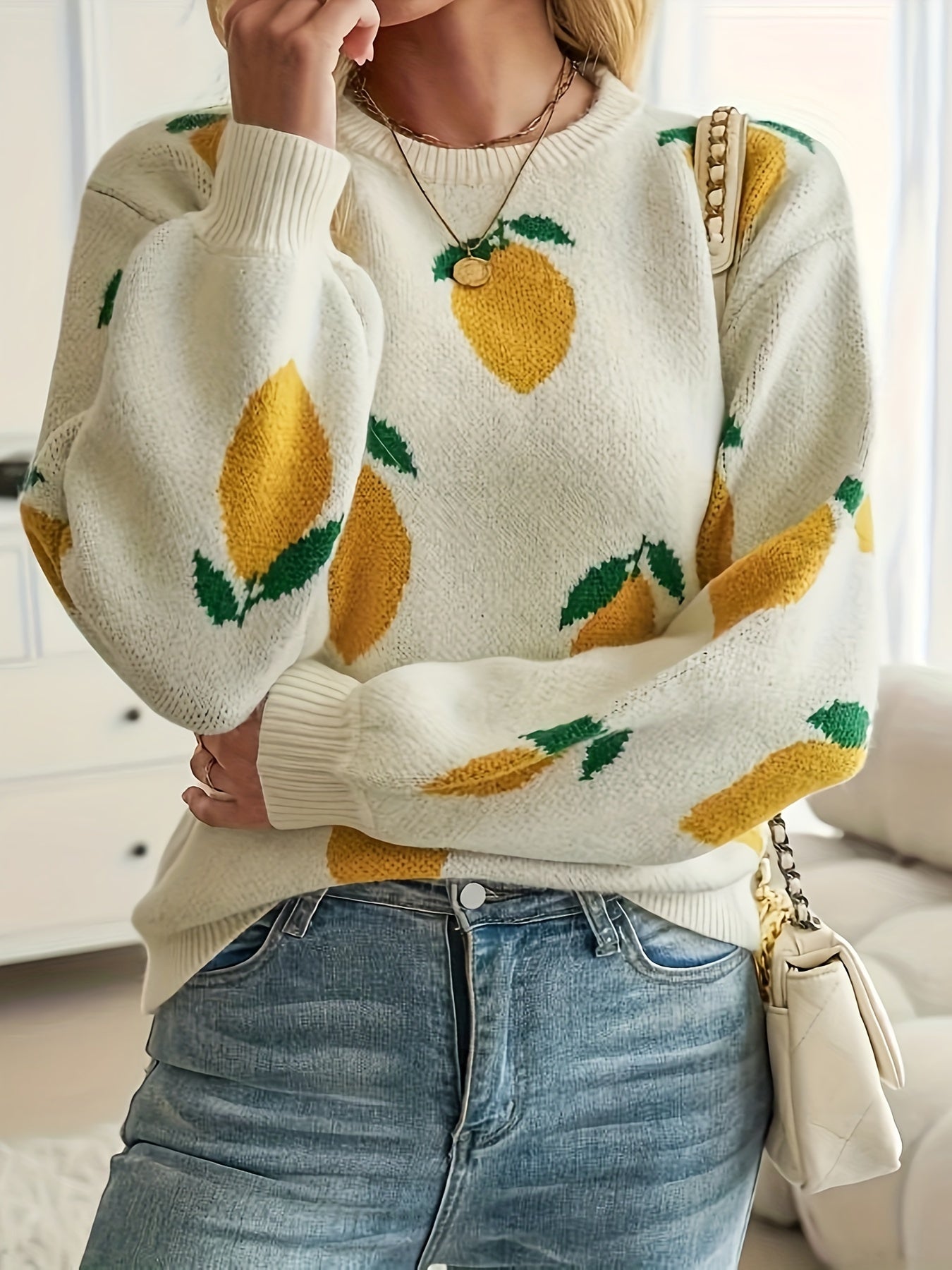 Women’s Acrylic Lemon Pattern Crew Neck Sweater Long Sleeve Casual Pullover