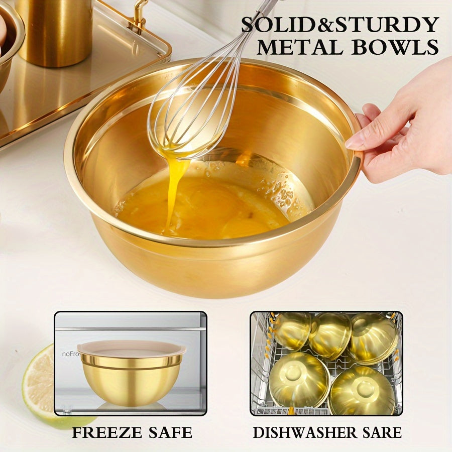 Stainless Steel Mixing Bowl Set with Lids, Gold, Various Sizes, Dishwasher Safe
